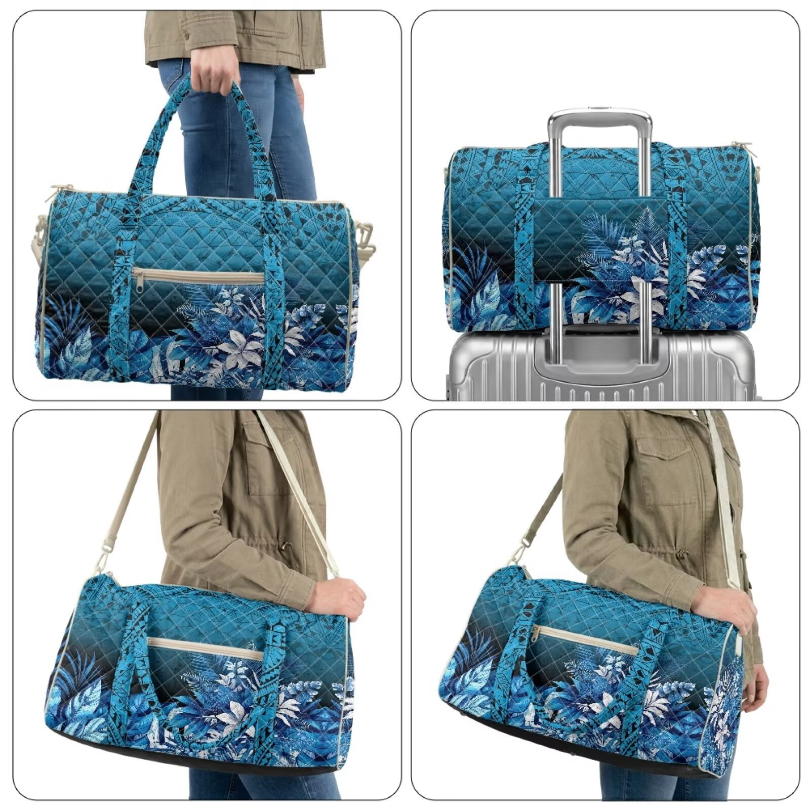 Garronmavis Large Quilted Duffle Bag for Women, Weekender Overnight Travel Gym Bag with Luggage Sleeve, Blue Tropical Print Carry On Bag Compatible with Airplane Travel for Weekend
