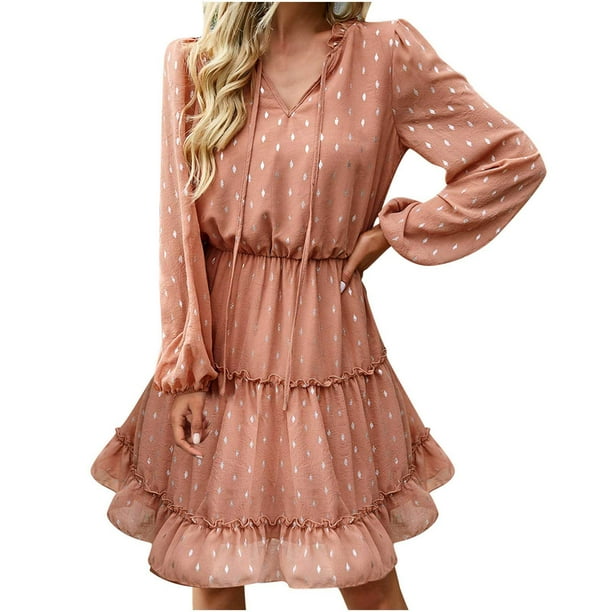 Women's Fall Dress Casual Long Sleeve Ruffle Chiffon Knee Length