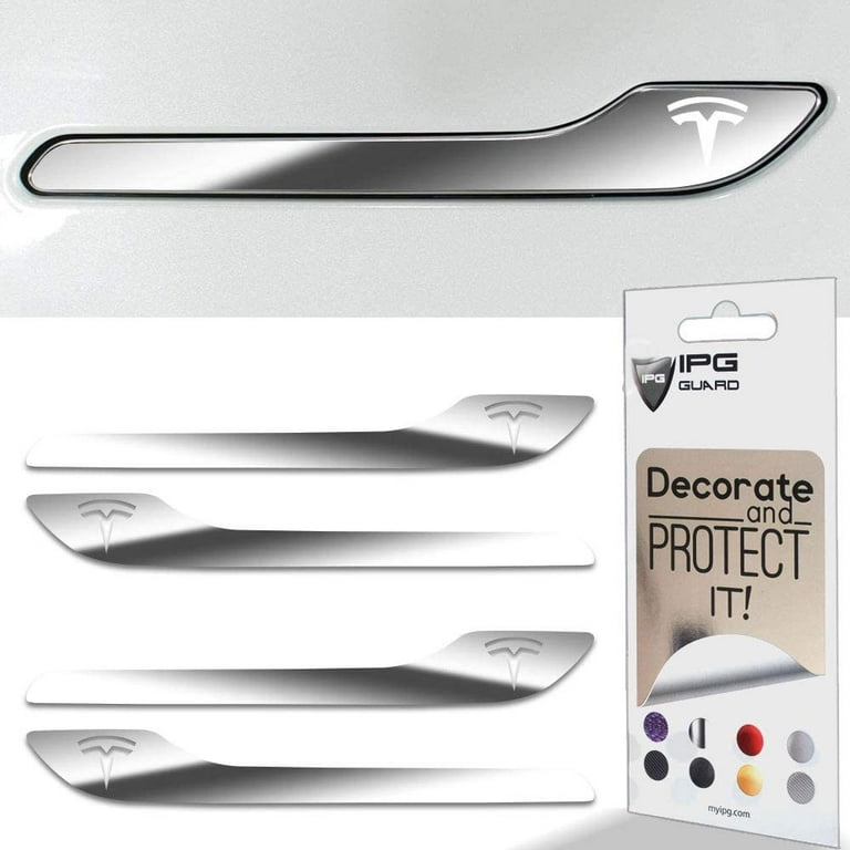 IPG for Tesla Model 3 / Model Y Door Handle Decal Sticker Wrap Kit (Set of  4) with Tesla Logo (Silver Chrome) 
