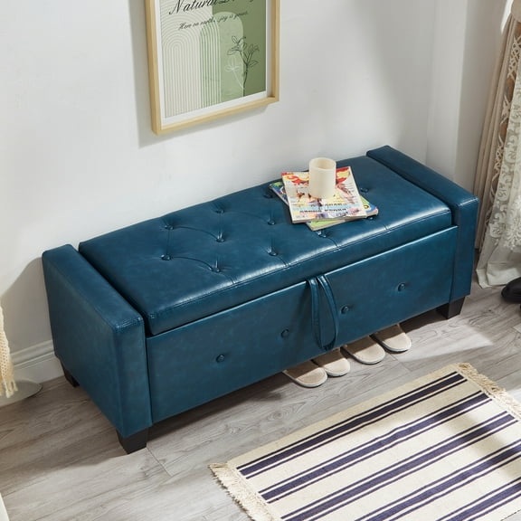 48" Storage Ottoman with 4 Legs, Faux Leather End of Bed Bebch with Pull Cord, Upholstered Entryway Bench for Living Room, Bedroom, Hallway, Blue