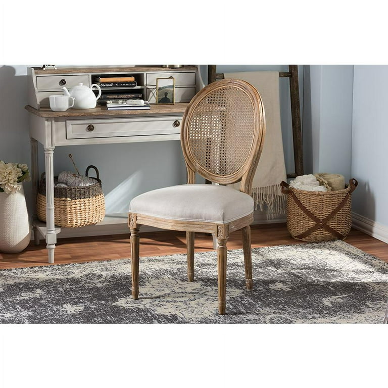 Baxton Studio Adelia French Vintage Cottage Weathered Oak Finish Wood and Beige Fabric Upholstered Dining Side Chair