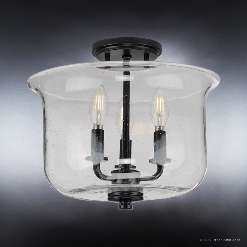 Luxury French Country Indoor Ceiling Light, 11.875''H x 13.75''W, with English Country Style Elements, Colonial Design, Midnight Black Finish and Clear Seeded, UHP3731
