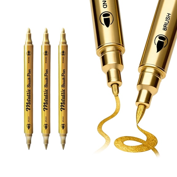 Rirozkan Gold Acrylic Marker Pens, 3-Piece Set, Metallic Pigment Paint Pens, Dual-Tip for Fine Lines, Coverage, Art Painting for Signatures, Decorations, Paper