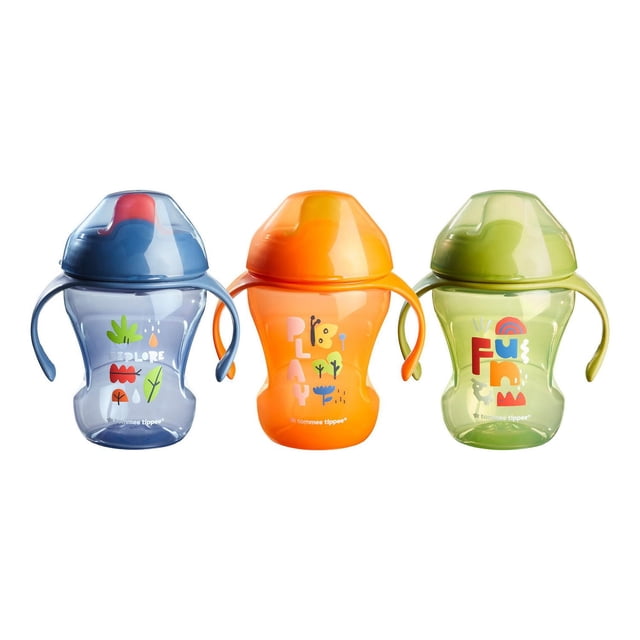 Tommee Tippee Sippee Trainer Cup with Handles, Water Bottle for Toddlers, Spill-Proof, BPA Free, 3x8oz, 7m+, Blue, Orange and Green