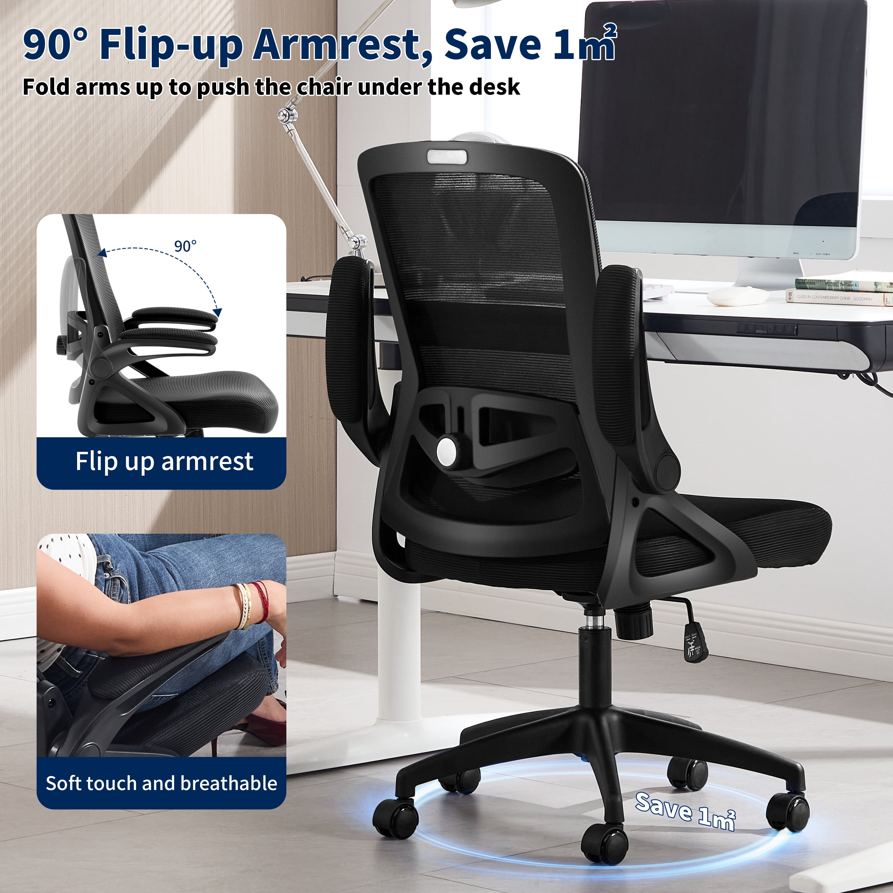 Nexthro Ergonomic Office Chair, Desk Chair with Adjustable Lumbar Support, Breathable Mesh Comfy Computer Chairs with Flip-up Armrests Executive Task Chair for Adults Home Office(Black)