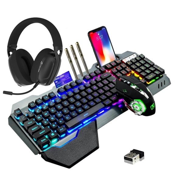 Wireless Gaming Keyboard & Mouse & Headset & Mouse Pad Combo Set 4 in 1,16 RGB Backlit Rechargeable Keyboard with Palm Rest,7 Backlit Gaming Mouse & RGB Bluetooth Headphones for Laptop Computer PC