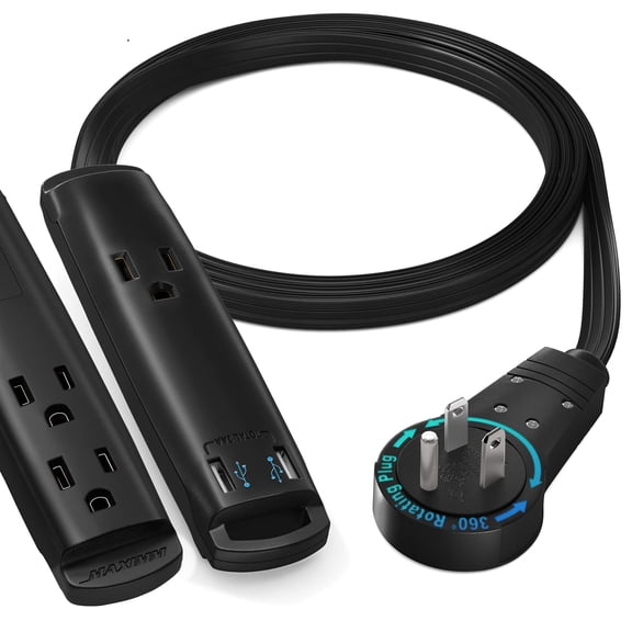 Maximm Extension Cord with USB Ports 3FT, 360° Rotating Flat Plug Extension Cord, 3-Outlet with USB Ports (2 Ports), 3 Prong Extension Cord, Grounded Extension Cord (Black) UL Certified