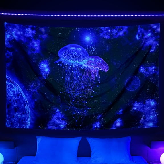 Blacklight Fantasy Marine Life Tapestry, Black Light Ocean Animal Tapestry, UV Reactive Colorful Jellyfish Tapestry for Bedroom Apartment Dorm Living Room Decor Wall Hanging Tapestries 60X40 inches