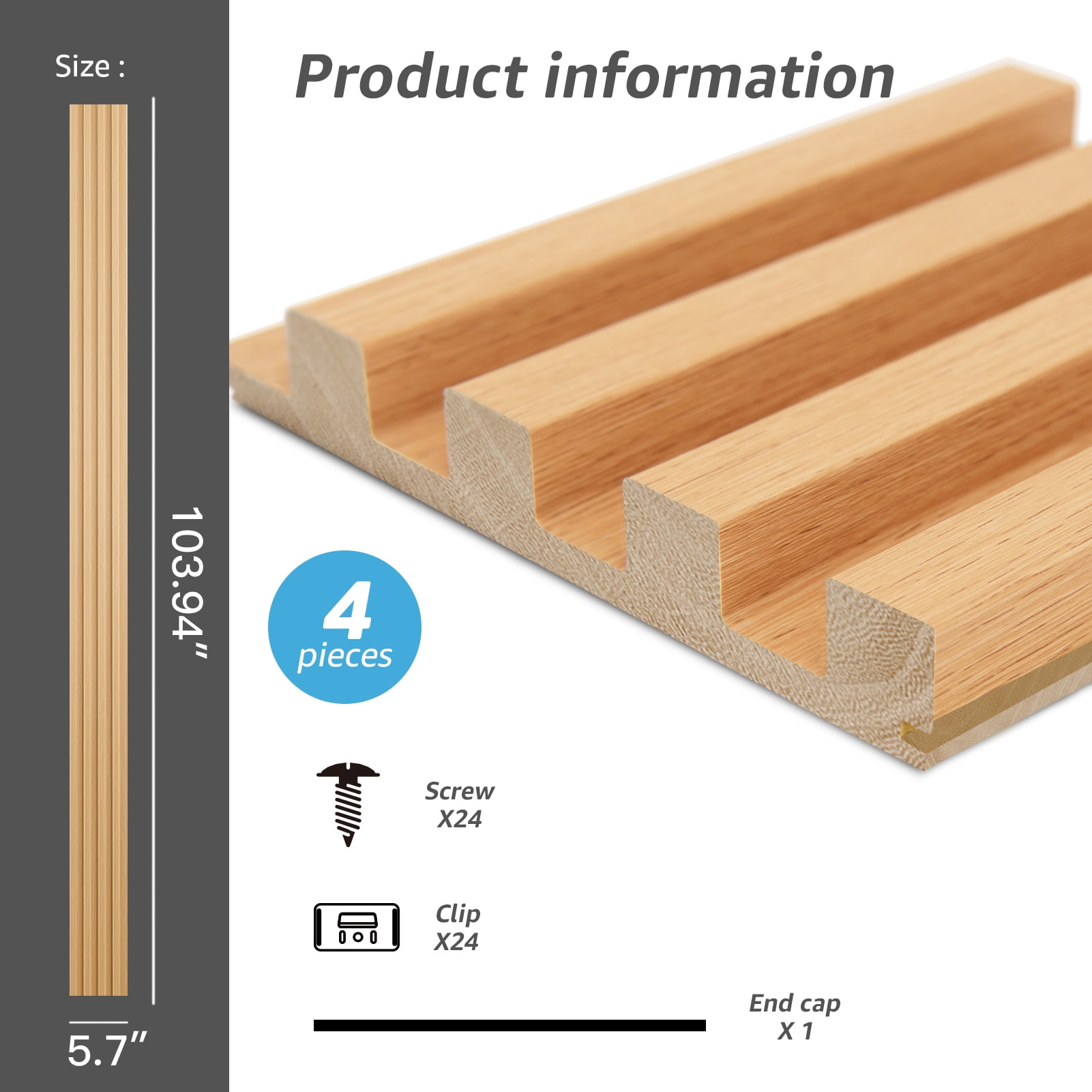 Art3d 4-Piece 104'' x 5.7''x 0.67'' Solid Wood Slat Wall Panels for Interior and Ceiling Decor,16.5 Sq.ft/Case,Oak