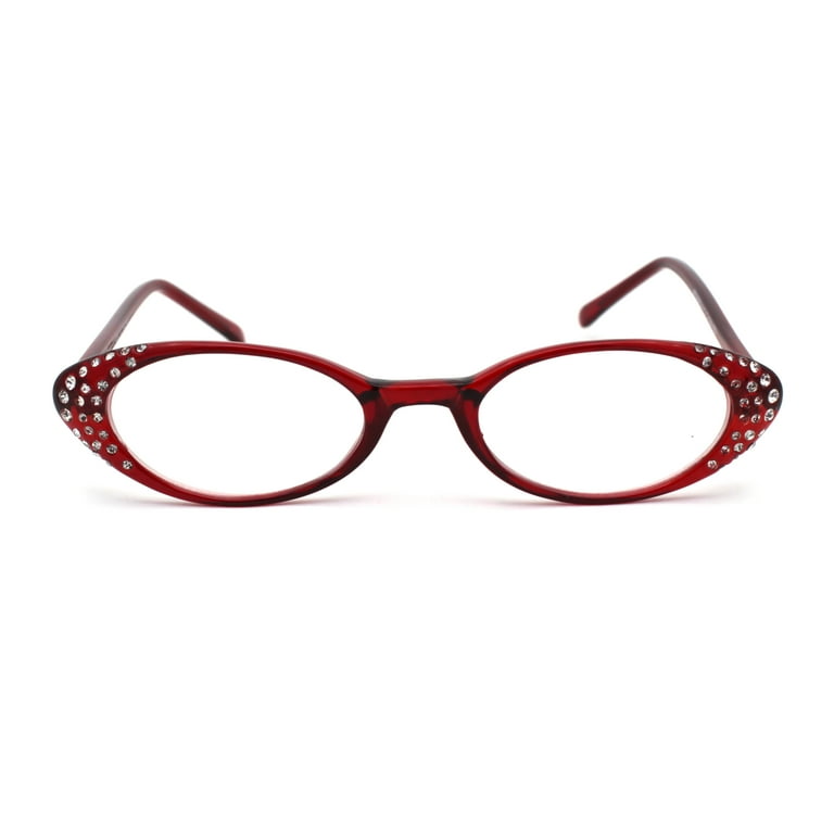 Womens Rhinestone Studded Oval Cat Eye Reading Glasses with Hard Case Red 1.25