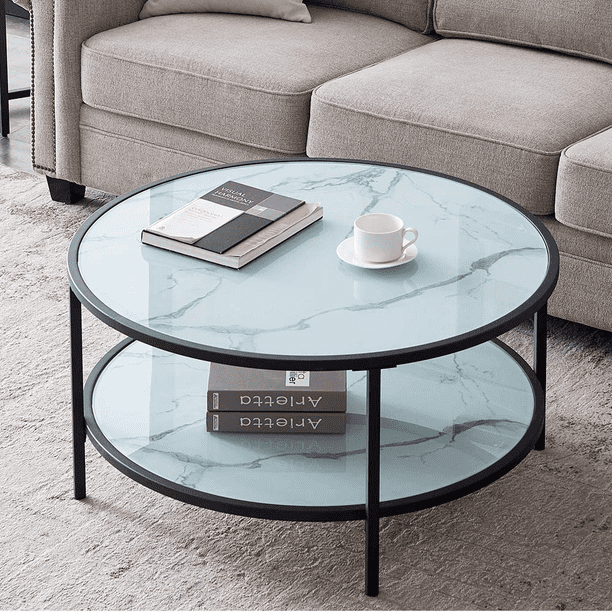 35in Modern Round Tempered Glass Accent Side Coffee Table With Marble Texture Sofa For Living Room Small Space Home Décor Metal Frame Non Marring Foot Caps Q16256 Com 35in Modern Round Tempered Glass Accent, Small Round Metal And Glass Coffee Table