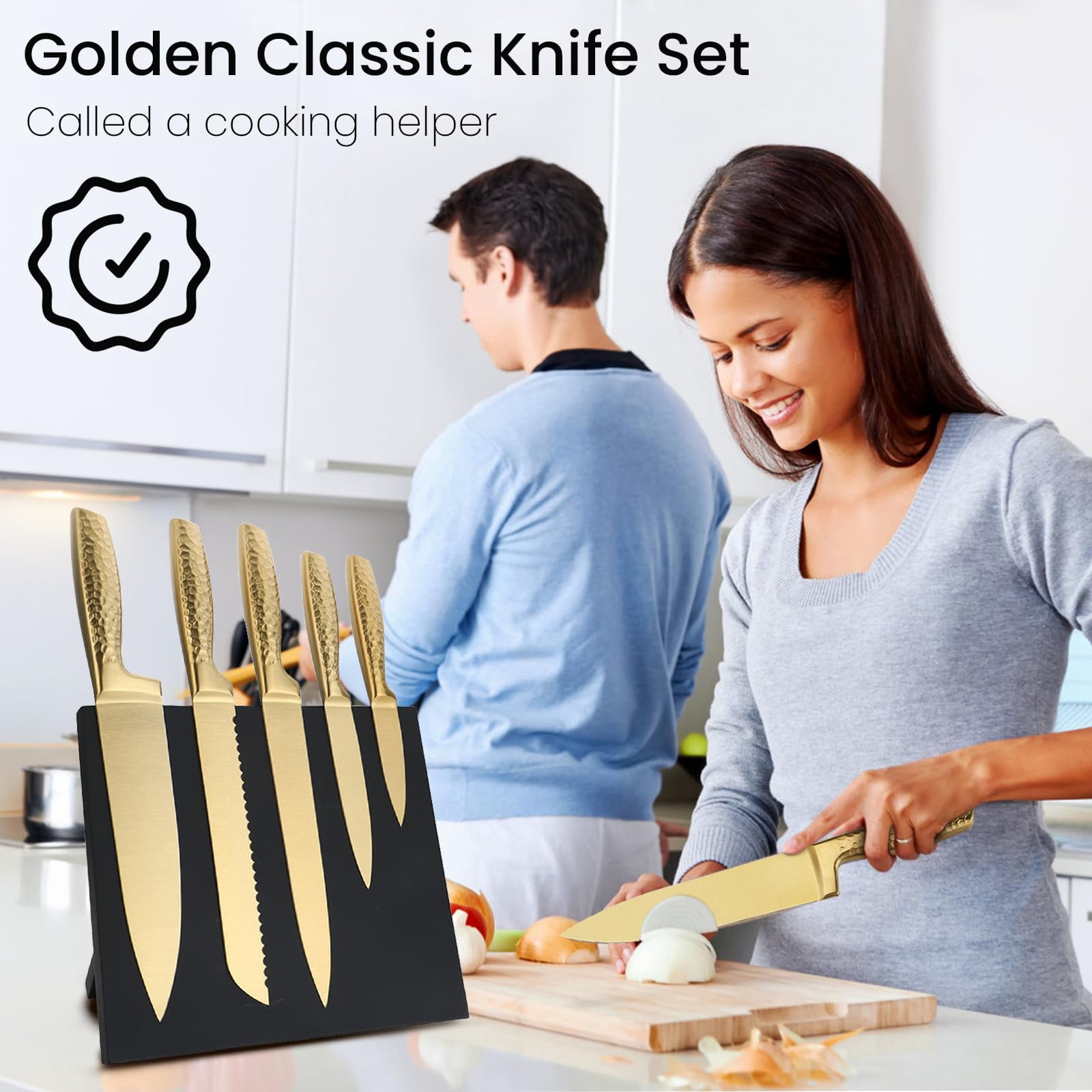 Professional Kitchen Knife Set 6 Piece, High Carbon Stainless Steel Sharp Knives with Ergonomic Hammer Handle, Wooden Magnetic Knife Block Holder, Gold