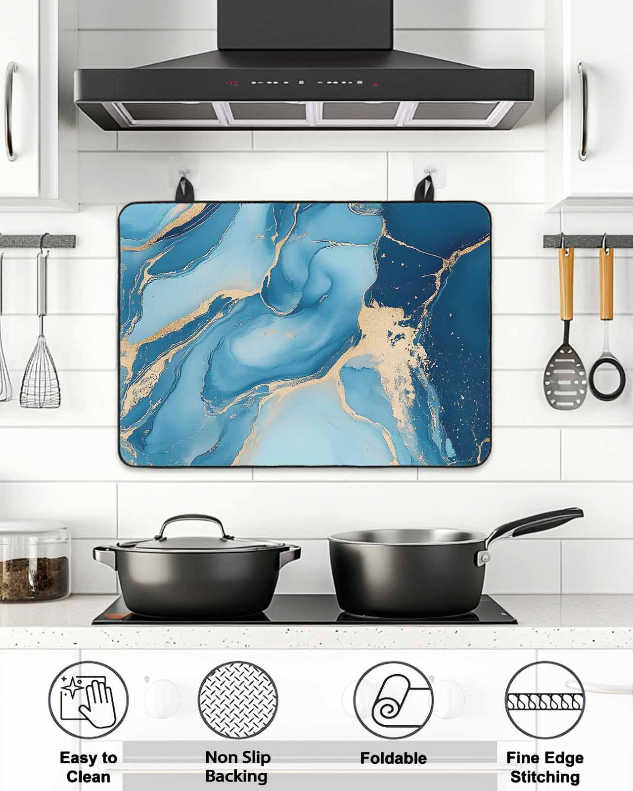 Stove Top Covers for Electric Stove 36x21 Inches, Blue Marble Heat Insulation Fireproof Glass Cooktop Protector, Luxury Modern Ink Painting Abstract Multipurpose Countertop Stovetop Cover for Kitchen