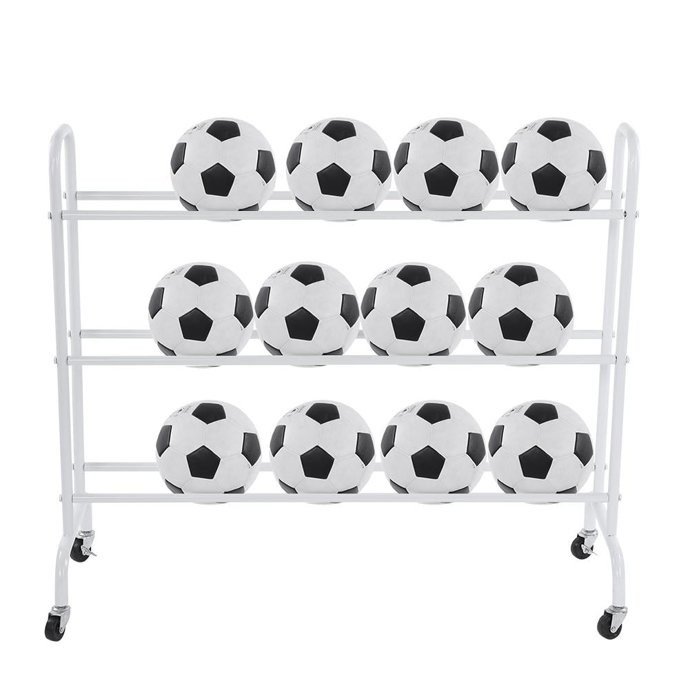 White Multifunction Compact 12 Ball Cart Storage Rack Footballs Sport Balls Holder Organizer Shelf with 4 Casters 3 Tier Ball Rack 