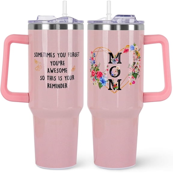 Mom Gifts from Daughter Son Husband 40oz Tumbler with Handle,Gifts for Mom Mama Wife,Vacuum Insulated Tumbler Mom Birthday Gifts for Women,Pink Flower