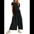 thumbnail image 2 of Conjunto de Dos Piezas para Mujer: Top Fruncido y Pantalón Conjunto Informal Bohemio de Cintura Alta con Bolsillos Negro M, 2 of 7