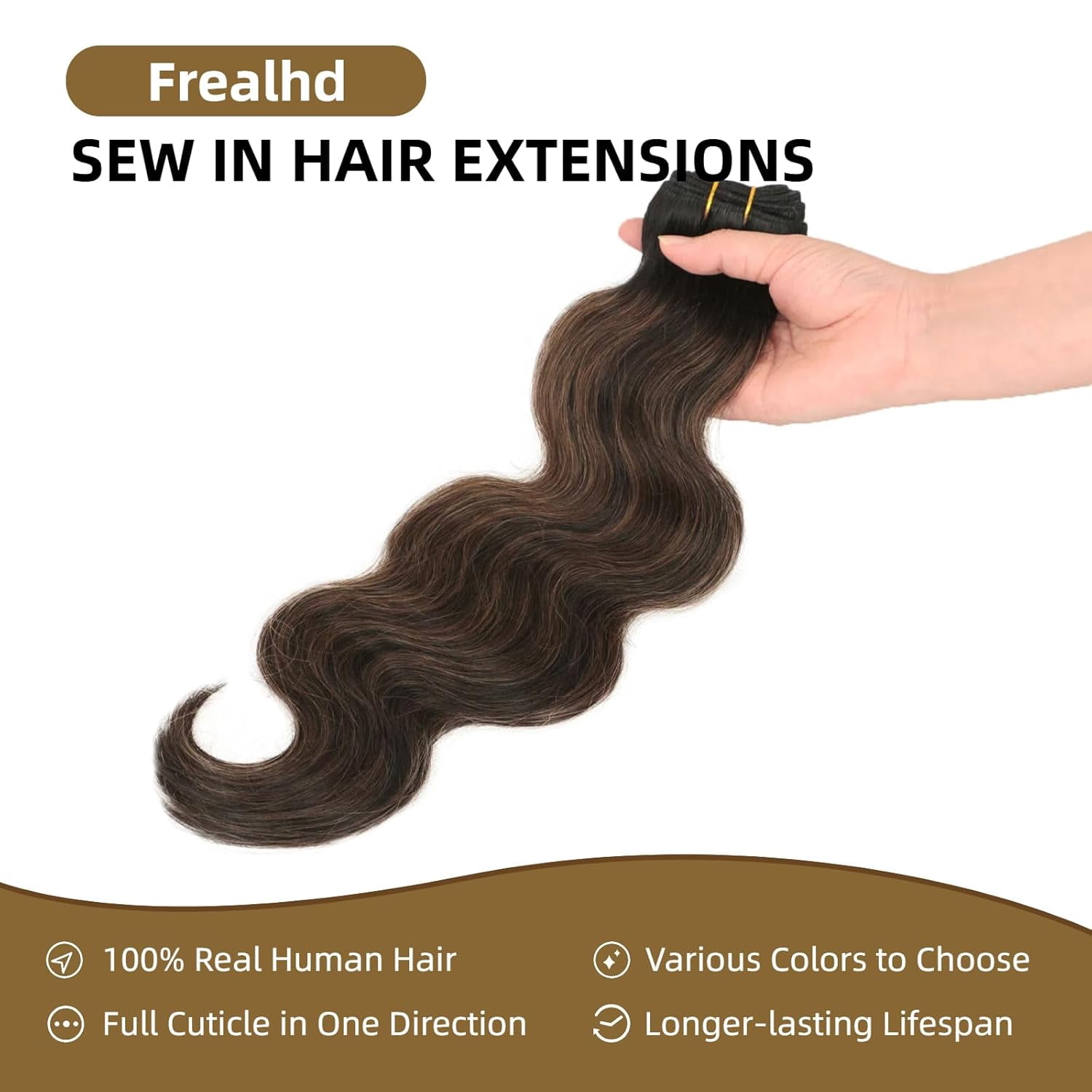 Sew in Hair Extensions Real Human Hair, 110g 20 inch Balayage Natural Black to Chestnut Brown Body Wave Bundles Remy Human Hair Weave Extensions Double Weft
