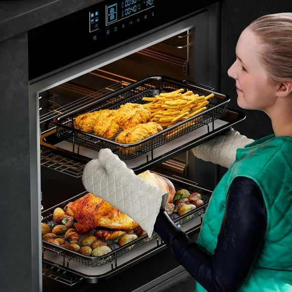 Air Fryer Basket for Oven, 2 Set Air Fryer Basket and Tray Set with 60 Sheets Parchment Papers,  Stainless Steel NonStick Air Fryer Pan and Crisper Tray - Black Large 15.7“×11.6” & Medium 12.8"×8.9"