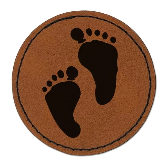 Cute Baby Footprints Silhouette 2.5" Faux Leather Round Engraved Iron-On Patch - Brown