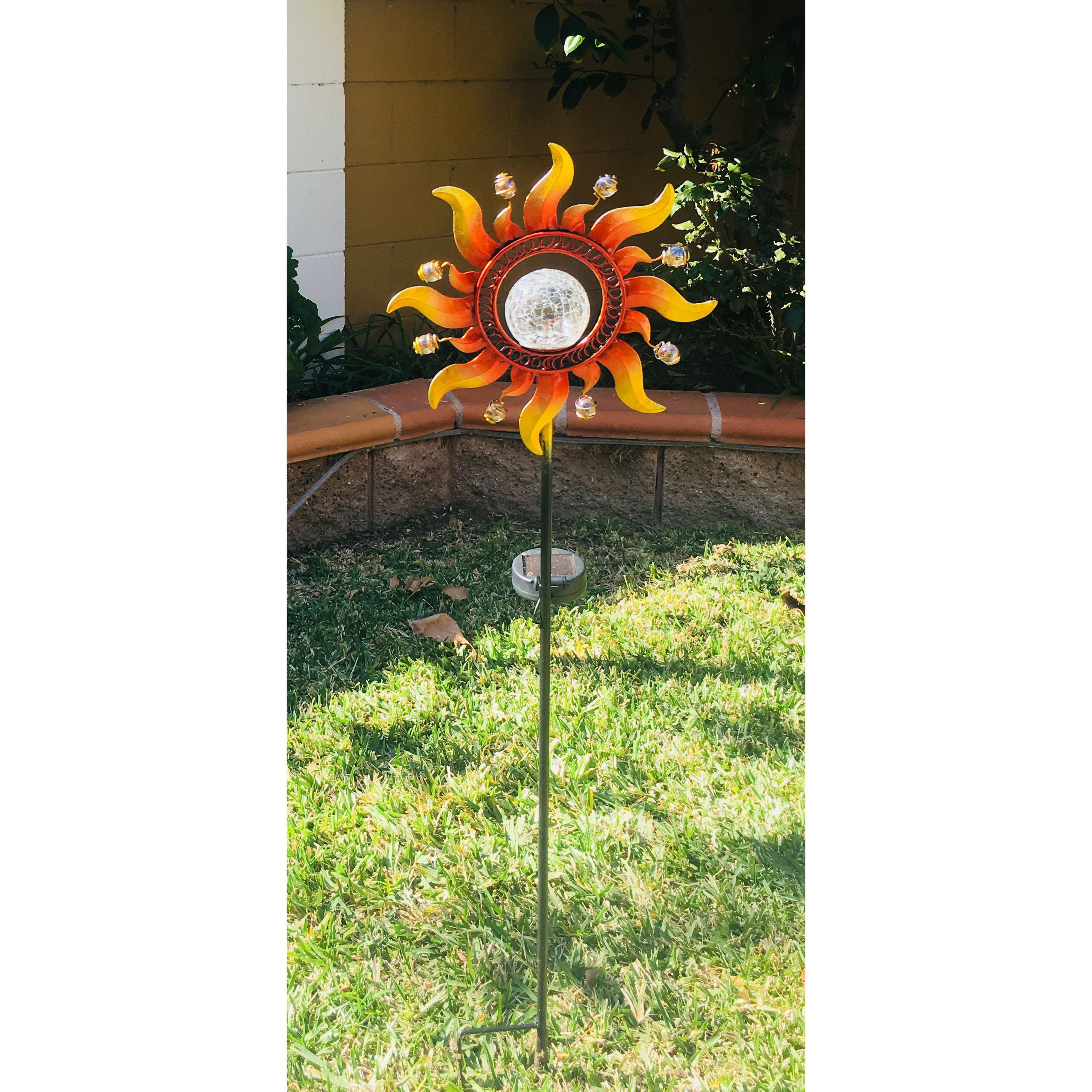 Solar Powered Metal Sunray Garden Stake with Color Changing LED Light Glass Ball 