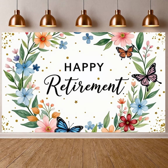 Watercolor Retirement Banner Floral Wreath Retirement Backdrop Butterfly Pattern Gold Glitter Accent Retirement Display for Retirement Party Farewell Gathering Office Celebration