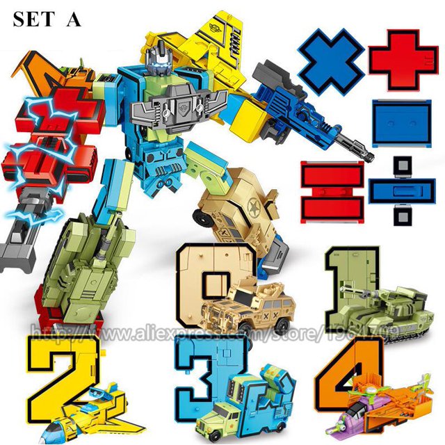YUEXING NEW Anime Transformation Number Robot Toy, a 24 cm tall action figure that transforms into colorful vehicles and numbers, including tanks, planes, and trucks in vibrant shades of green, yellow, red, and blue. Part of DIY creative sets, ideal for imaginative play and suitable for ages 4 and up.