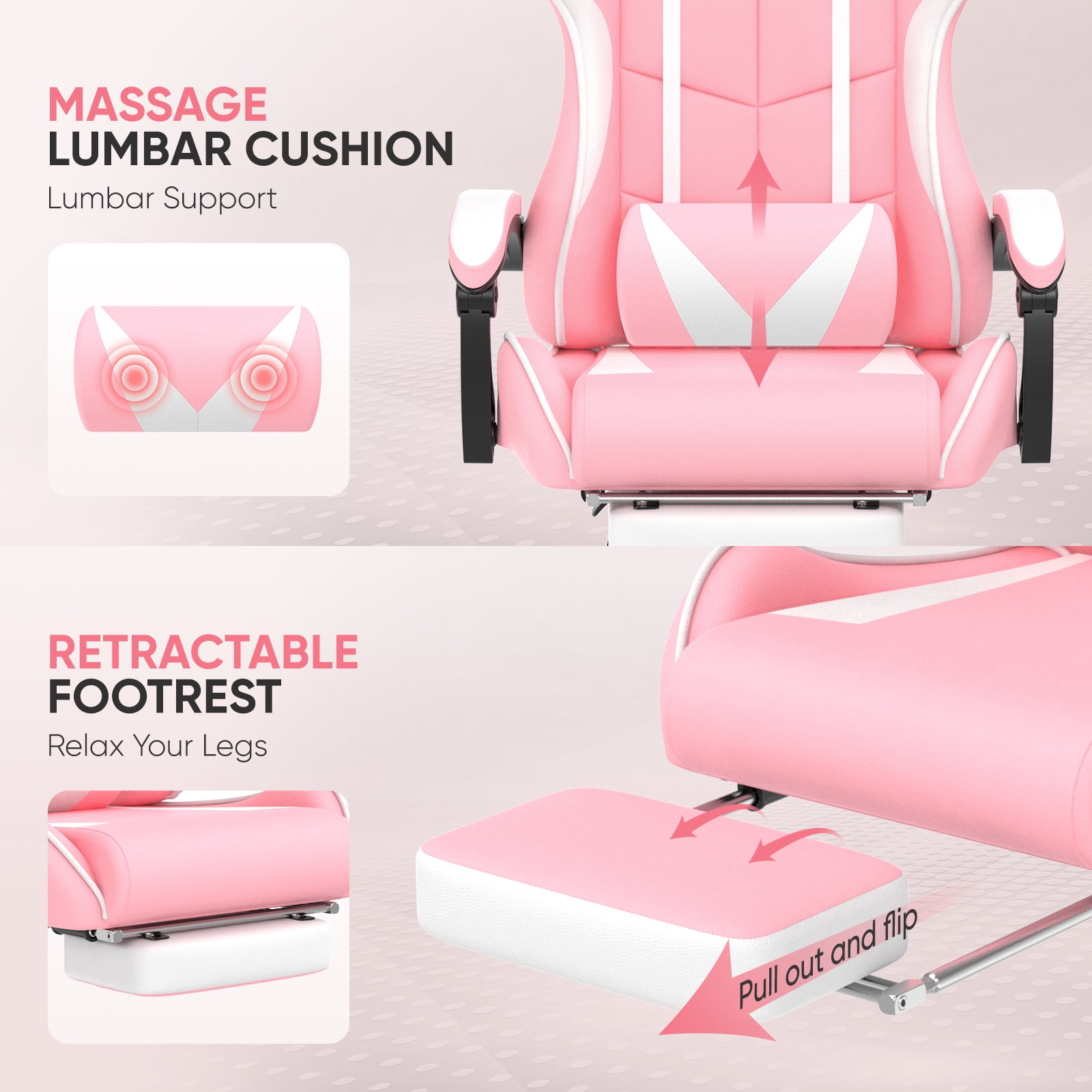 SOONTRANS Pink Gaming Chair, Adult Game Gamer with Footrest & Massage Lumbar Pillow , Ergonomic High Back Office Chairs with Bunny Ear, Pink