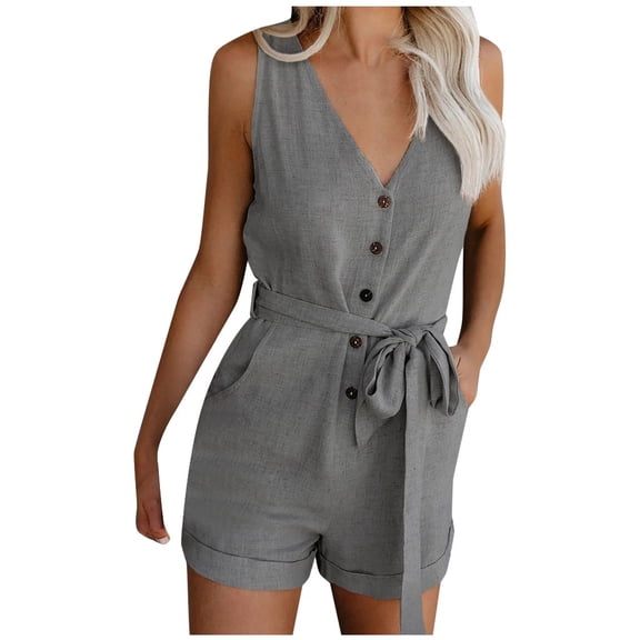 Puntoco Clearance Womens Casual V Neck Bow Pocket Sleeveless Shorts Wide Shorts Jumpsuits Rompers Gray 8(L)