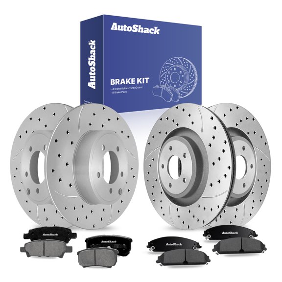 AutoShack Front & Rear Drilled & Slotted Brake Rotors Premium Ceramic Brake Pads | Replacement for 2013-2014 Chrysler 200 2013-2014 Dodge Avenger | Silver Coated | 12-PC Brake Kit | TurboGuard