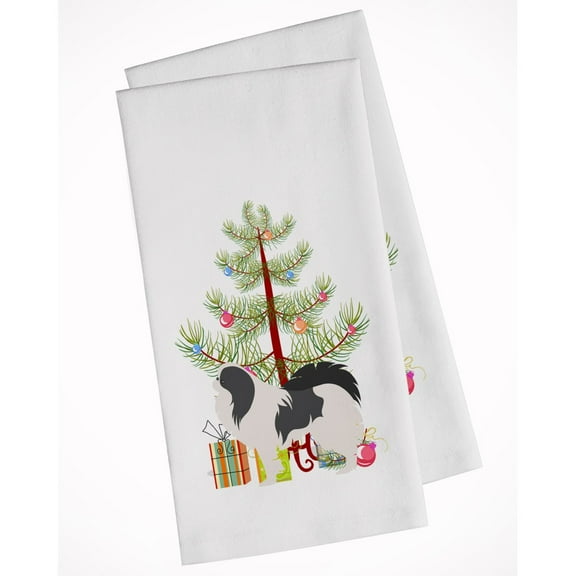 Japanese Chin Merry Christmas Tree White Kitchen Towel Set of 2 Dish Towels