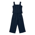 thumbnail image 5 of TEAJOPSUU Womens Summer Linen 2 Piece Solid Sets Matching Travel Outfits Sleeveless Square Neck Button Down Tank Tops Elastic Wide Leg Capri Pants Sets Navy, 5 of 6