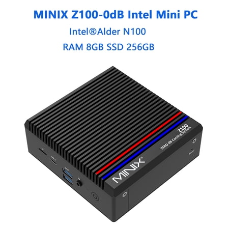 MINIX Z100-0dB Fanless Mini PC, Intel N100, 8GB DDR4, 256GB M.2 PCIe Gen3 x 4 NVMe SSD Windows 11 Pro Desktop Computer, 4K Dual Display/2.5G LAN/USB3.2/USB-C/Auto Power On
