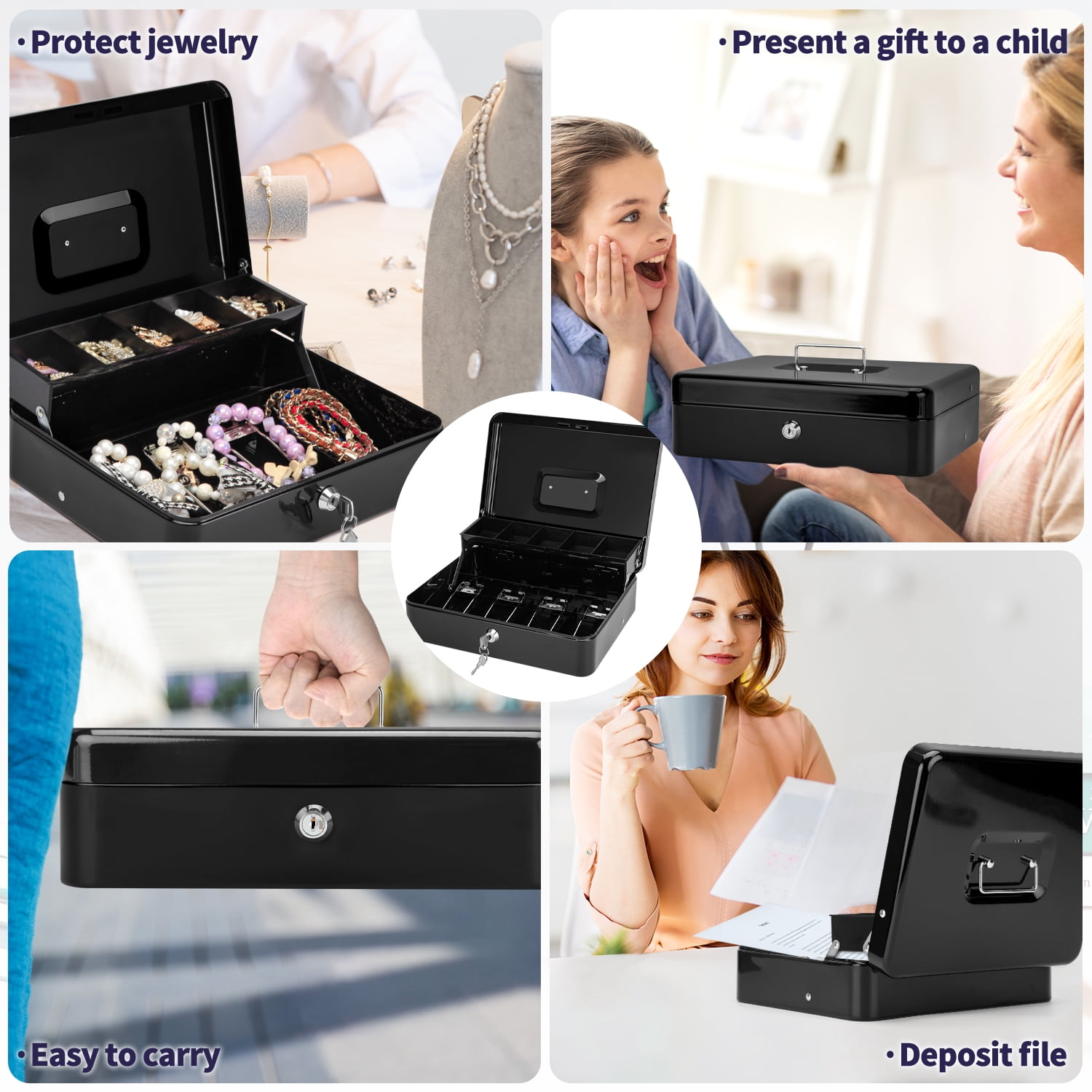 SkyAuks Piggy Bank, Cash Box with Money Tray and Key Lock to Secure Money, Jewelry, 11.8"x 9.5"x3.5", Black