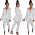 thumbnail image 4 of 2 PCS Women Solid Color Outfits, Long Sleeve V-neck Layered Ruffle Hem Blazer Ankle-length Pants, 4 of 5