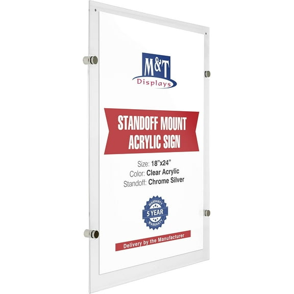 M&T Displays Wall Mount Floating Clear Acrylic Frameless Picture Frame with Chrome Silver Standoff Hardware and Magnets for 18x24 inch Sign Poster Photo Document Certificate Diploma or Display