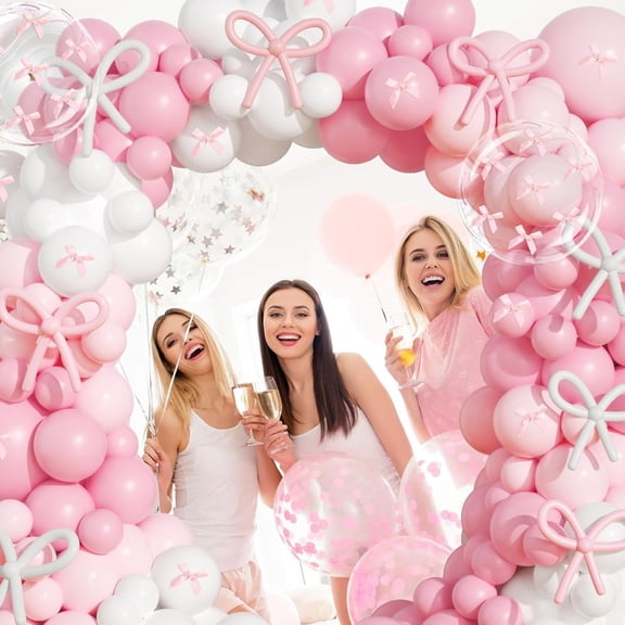 199 Pieces Pink Bow Balloons Arch Kit, Coquette Balloons Garland Pink Ribbon Bow for Bow Coquette Birthday Decorations Bachelorette Bridal Shower