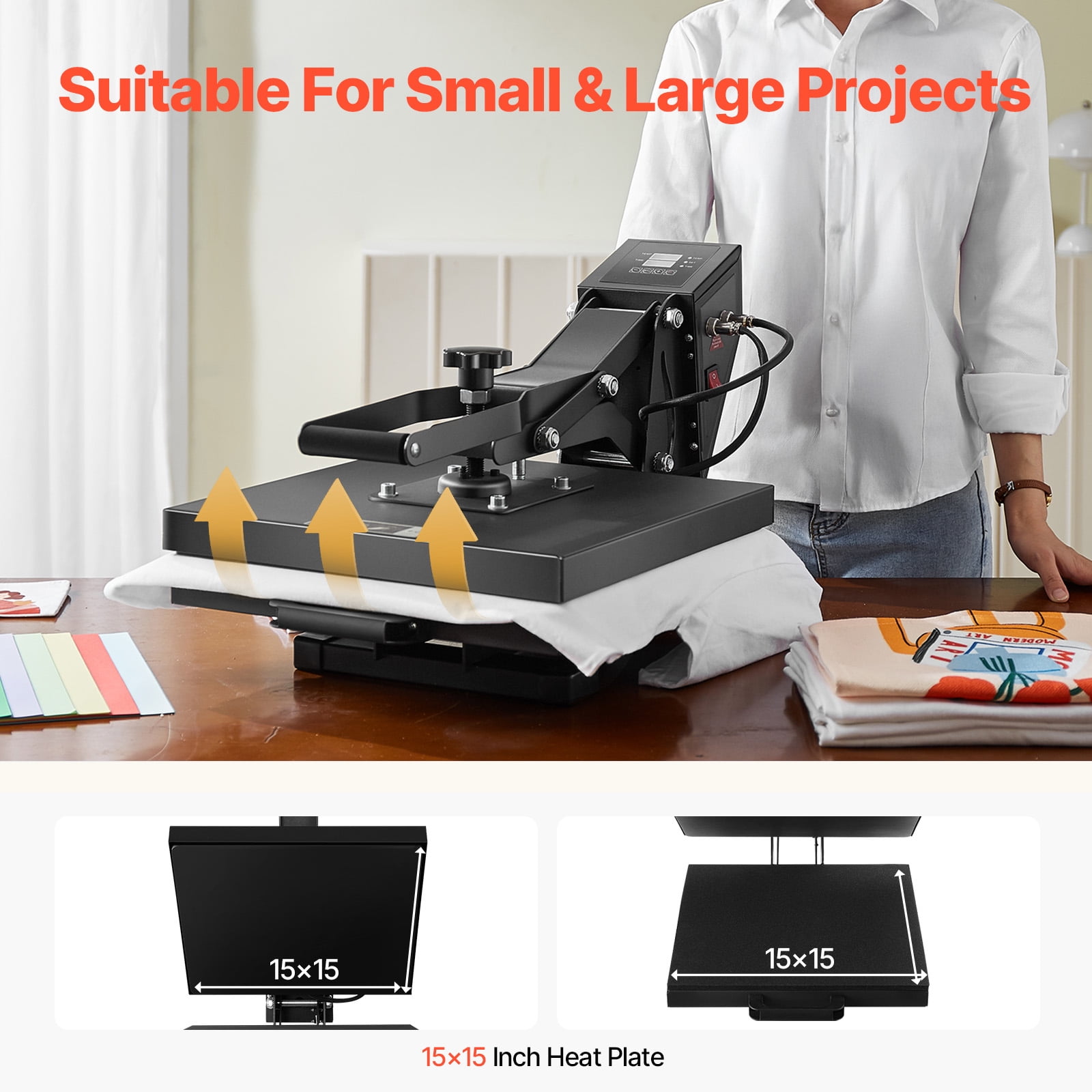 KFFKFF 15 x 15 Inch Heat Press Machine for T-Shirts, Efficient Heating, User-Friendly Design, High Pressure for Industrial-Quality Sublimation Printing and Vinyl Transfers, Black