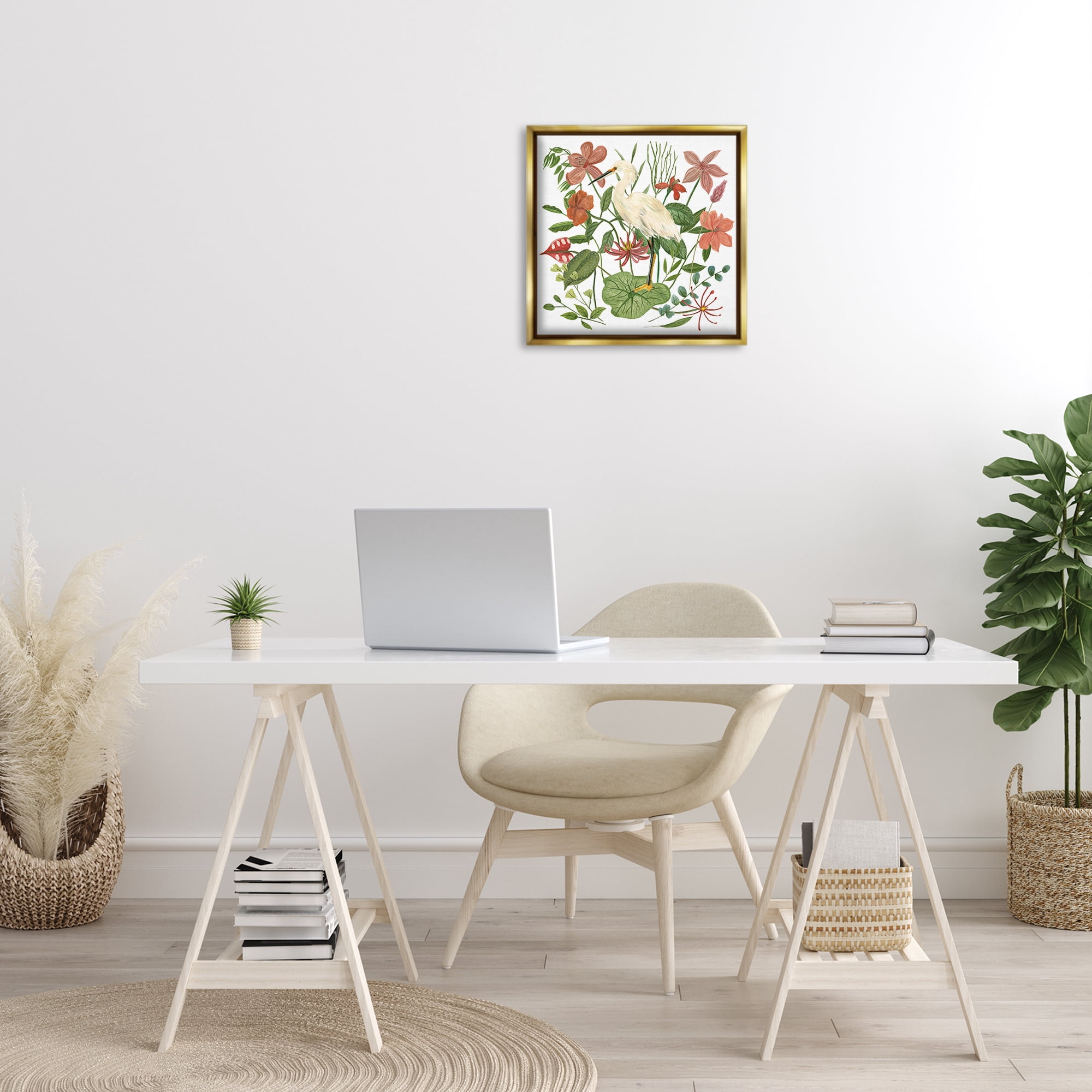 Stupell Industries Heron with Wild Florals Landscape Painting Gold Floater Framed Canvas Art Print Wall Art, 18 x 18