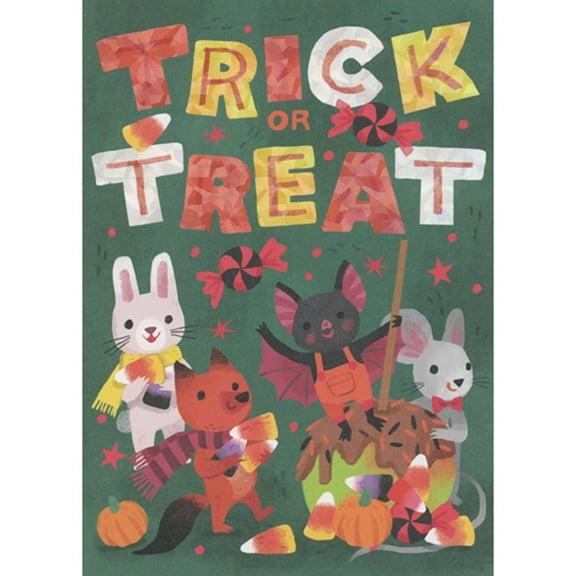 RSVP Trick or Treat: Cute Animals and Candy Apple on Green Juvenile Halloween Card for Child / Kids