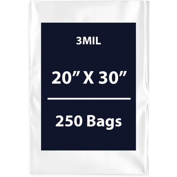 Clear Flat Poly Bags, 3Mil 20" X 30" & 250 Bags | Low-Density Polyethylene (LDPE), Flat Open Top Plastic Packaging Packing | Flexible and Durable Plastic Bags