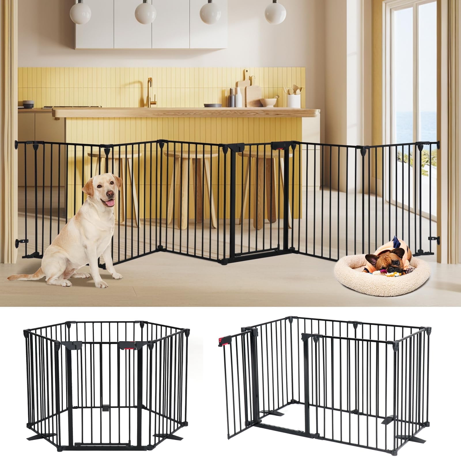 LUCKUP Freestanding Dog Gates with Door Walk Through, Extra Wide Doggy Door 150" W x 29" H Pet Gate Safty 6 Panels Dog Fence for Stairs, Doorways