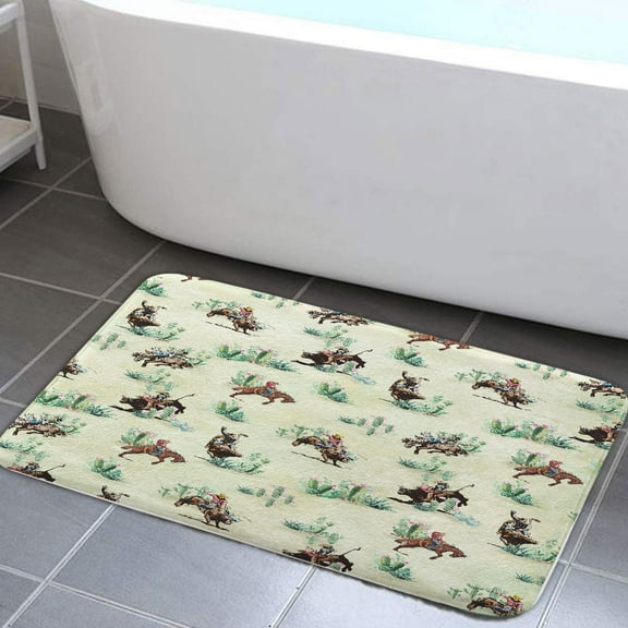 Western Cowboy Bath Rugs, Farmhouse West Cowboy Ride Horse Non Slip Flannel Bathroom Rug, Desert Cactus Wild Western Country American Bath Mat for Bathroom Bedroom Kitchen Outdoor Indoor 17X29in