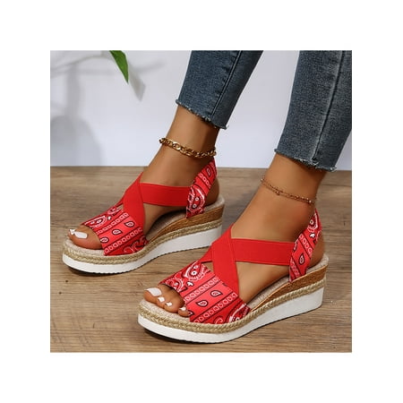 

UKAP Women Wedges Elastic Platform Sandal Peep Toe Wedge Sandals Anti-Slip Summer Espadrille Shoe Womens Casual Shoes Slip On Lightweight Red 8.5