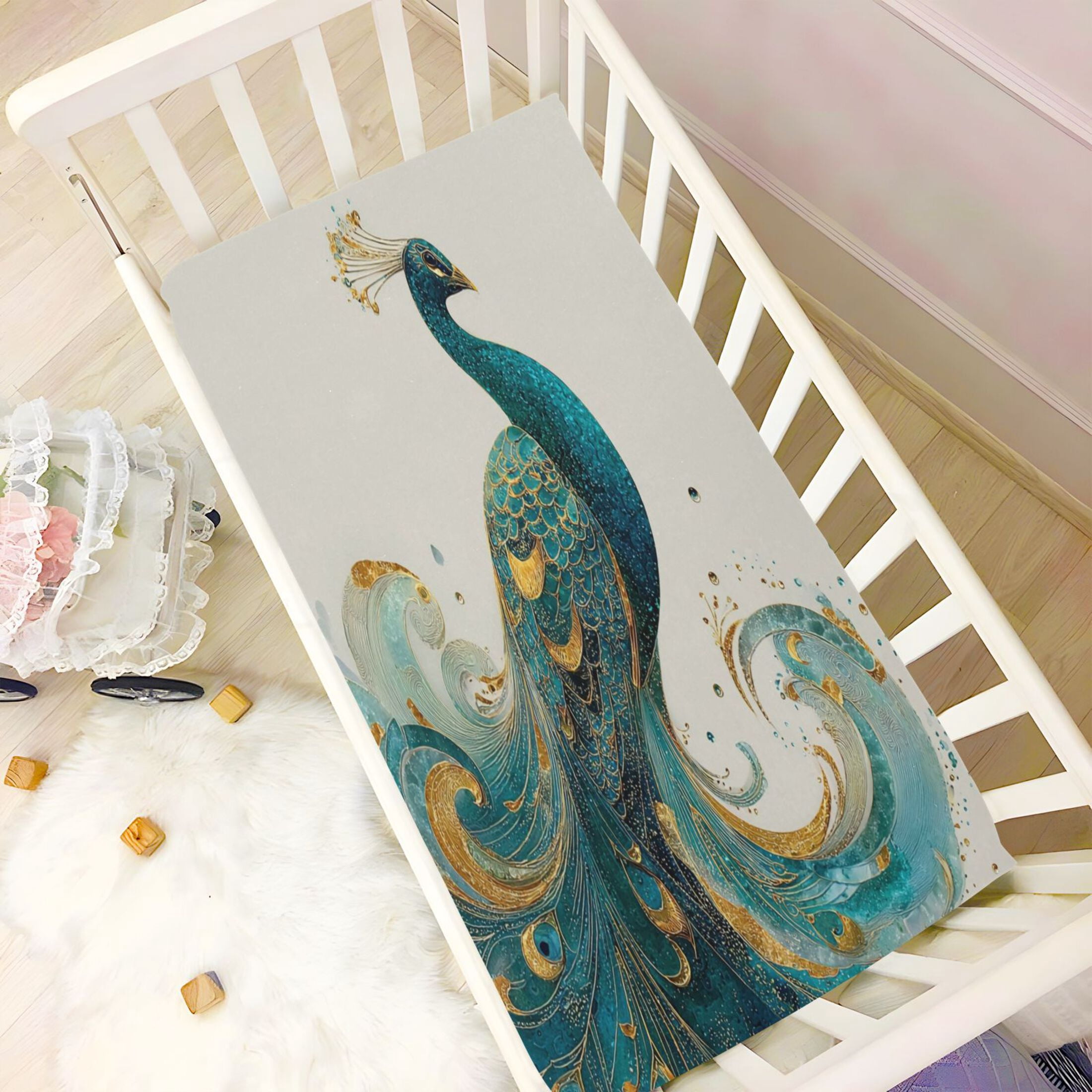 Baby Essentials 52”x 28”- Standard Cotton-like Modal Elastic- Decorated with Peacocks Design Crib Sheets for Newborns and Toddlers