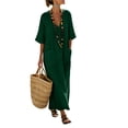 thumbnail image 5 of KHONTS Women's 3/4 Sleeve Summer Maxi Dress Plus Size Casual Linen Flowy Beach V-Neck Dress with Pockets Dark Green L, 5 of 9