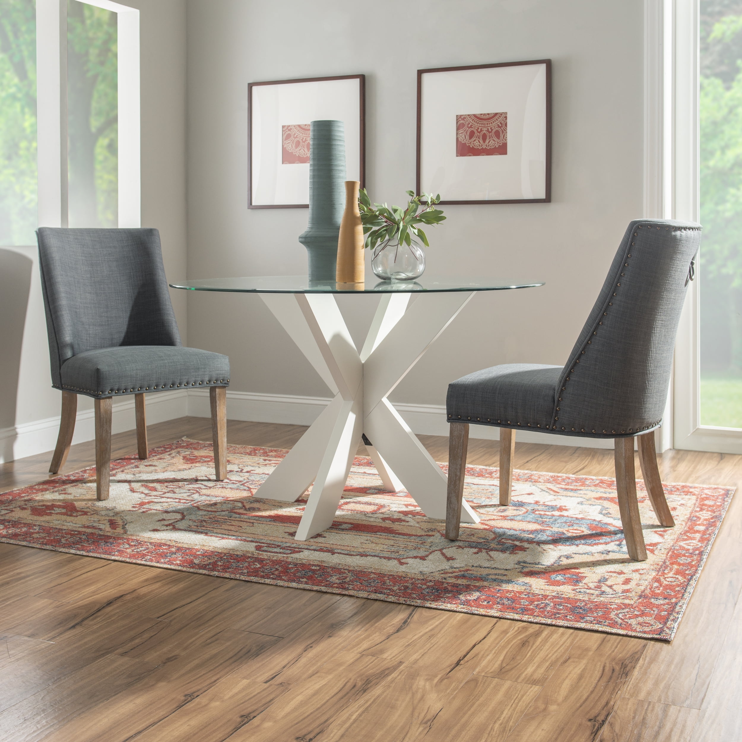 Powell Augusta Wood X-Base Dining Table with Glass Top, White