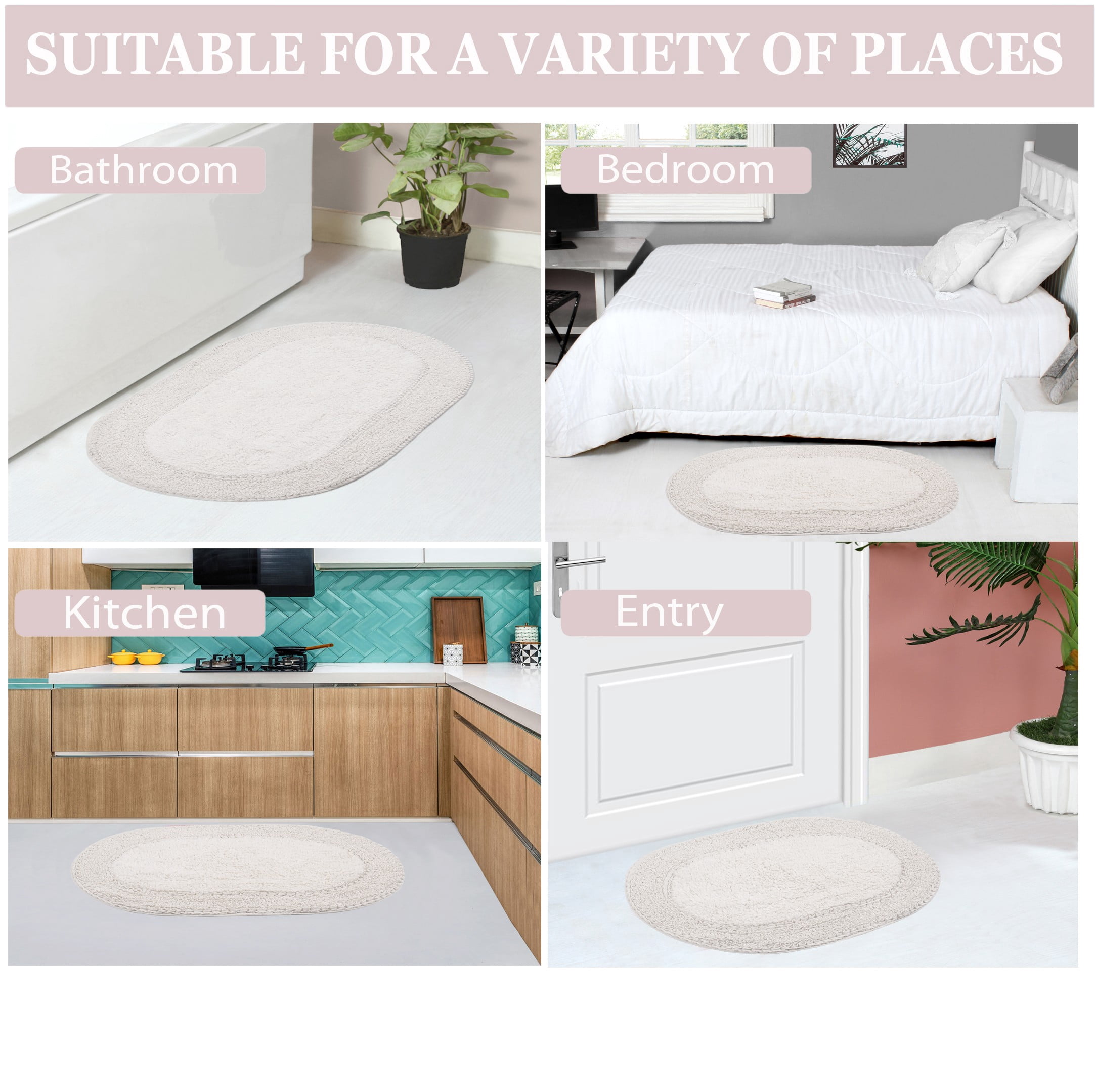 Home Weavers Double Ruffle Collection 100% Cotton Non-Slip Bathroom Rug Set Machine Washable Bathroom Rug, Bath Rug, Bathroom Rug, Runner, Ivory Color 4 Piece Bath Rug set
