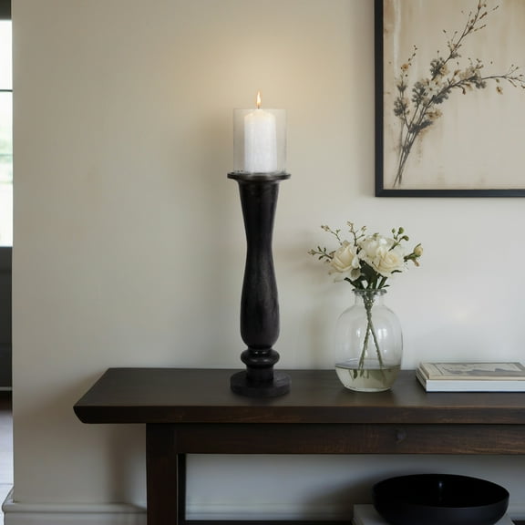 Mango Wood & Glass Candle Holder - Tall Decorative Pillar Candle Stand for Home & Office - Rustic Accent for Living Room, Bedroom, Entryway - 27" Black