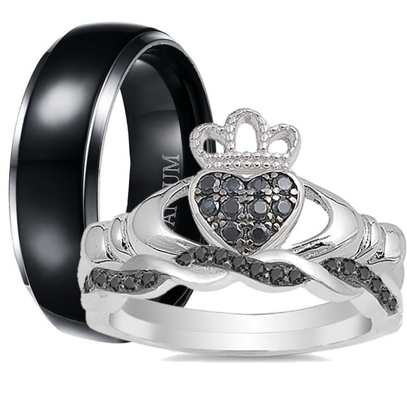 His and Hers 3 Piece Trio Sterling Silver Black Titanium Wedding Band Engagement Ring Set 10/5