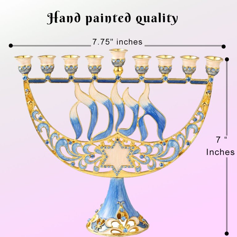 Hand-Painted Enamel Menorah with Gold Accents & Crystals photo 2